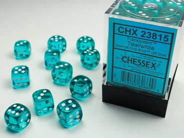 Translucent Teal/white 12mm d6 Dice Block (36 dice)