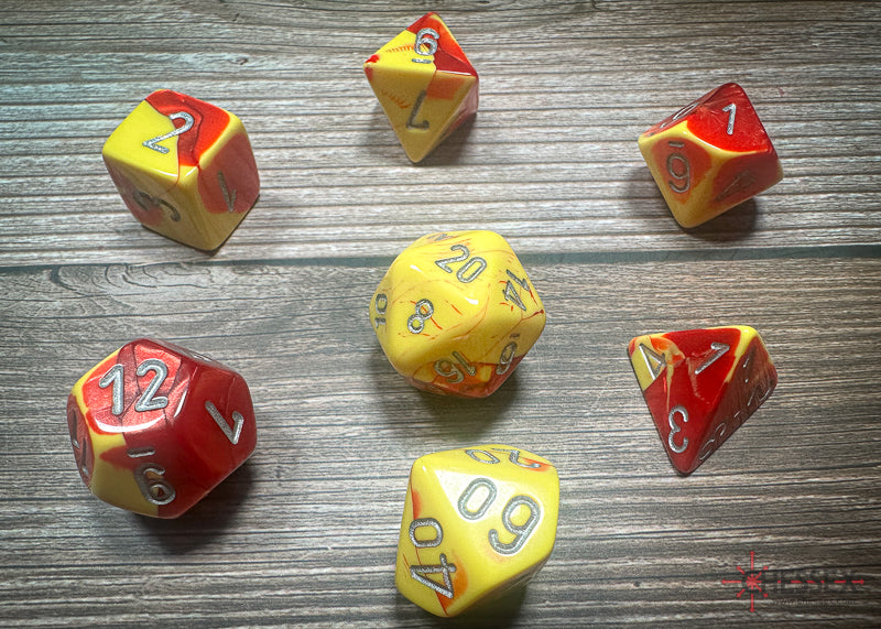 Gemini Red-Yellow/silver Polyhedral 7-Dice Set