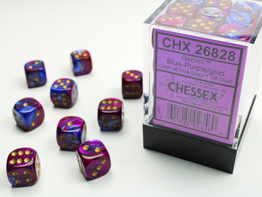 Gemini Blue-Purple/gold 12mm d6 Dice Block (36 dice)