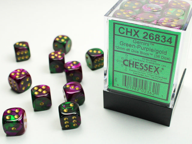 Gemini Green-Purple/Gold 12mm D6 Dice Block (36 dice)