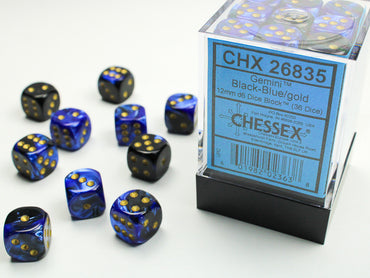 Gemini Black-Blue/Gold 12mm D6 Dice Block (36 dice)