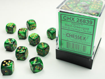 Gemini Black-Green/gold 12mm d6 Dice Block (36 dice)