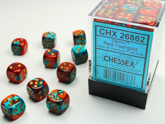 Gemini Red-Teal/gold 12mm d6 Dice Block (36 dice)