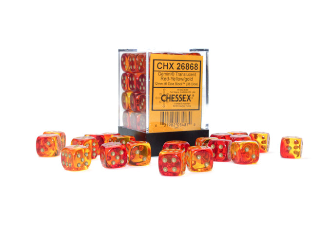 Gemini Translucent Red-Yellow/gold 12mm d6 Dice Block (36 dice)