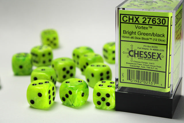 Vortex Bright Green/black 16mm d6 Dice Block (12 dice)