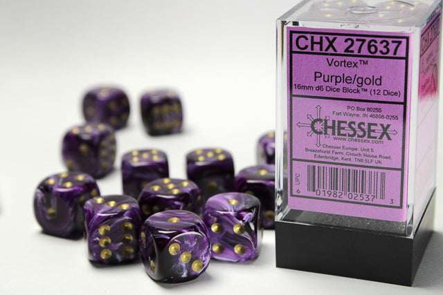 Vortex Purple/gold 16mm d6 Dice Block (12 dice)