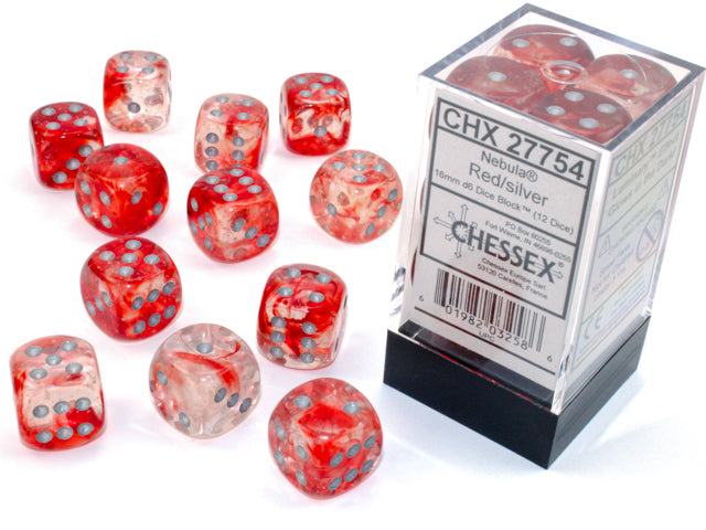 Nebula Red/silver Luminary 16mm d6 Dice Block (12 dice)