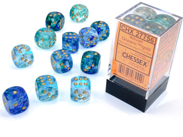 Nebula Oceanic/gold Luminary 16mm d6 Dice Block (12 dice)