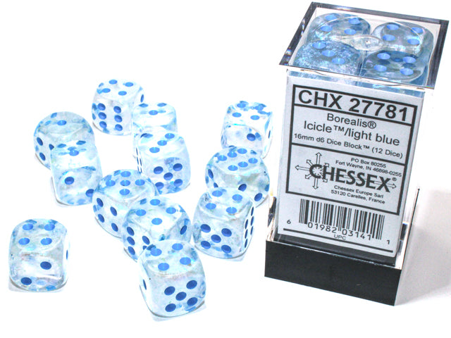 Borealis Icicle/light blue Luminary 16mm d6 Dice Block (12 dice)