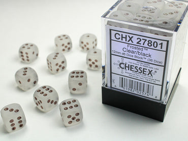 Frosted Clear/black 12mm d6 Dice Block (36 dice)