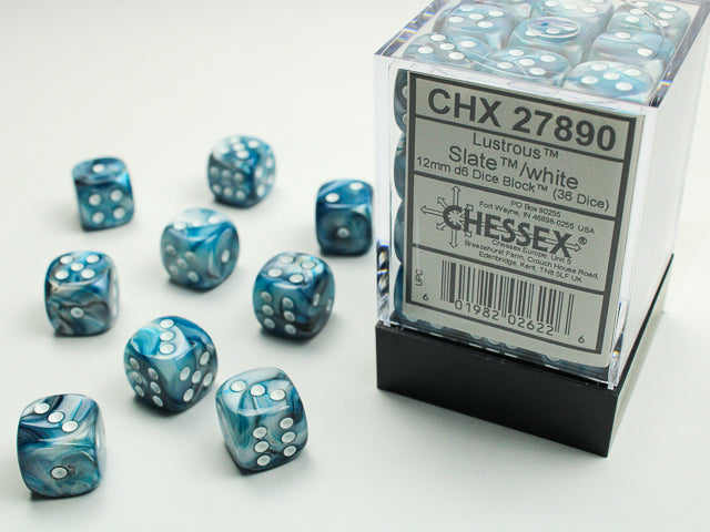 Lustrous Slate/white 12mm d6 Dice Block (36 dice)