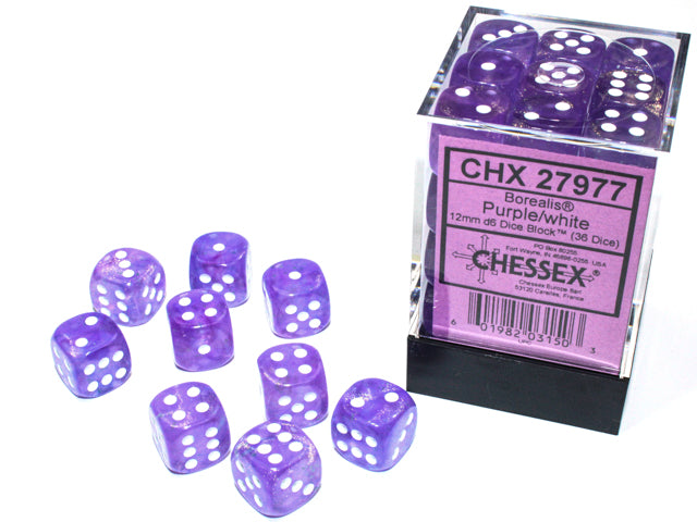 Borealis Purple/White Luminary 12mm D6 Dice Block (36 dice)