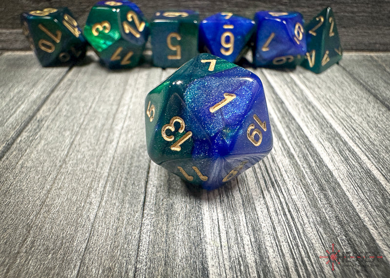 Gemini Blue-Green/gold Polyhedral 7-Dice Set