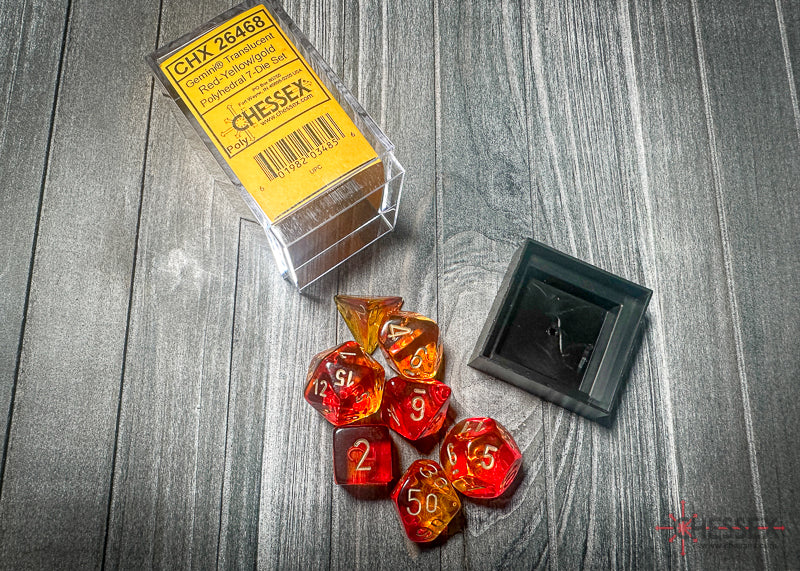 Gemini Translucent Red-Yellow/gold Polyhedral 7-Dice Set