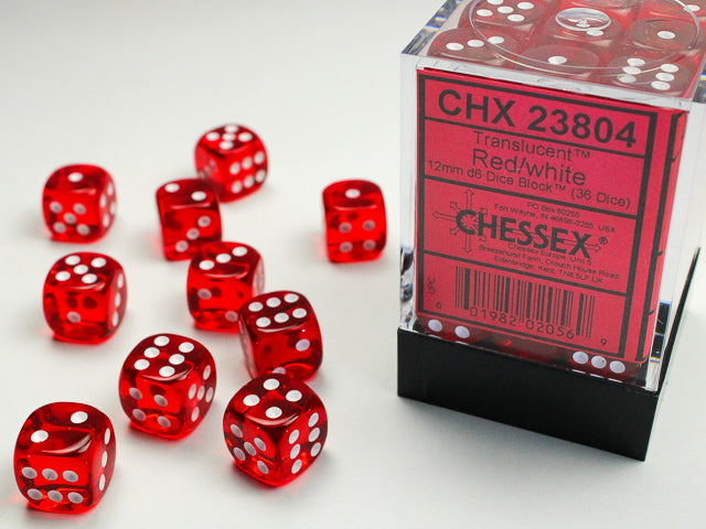 Translucent Red/white 12mm d6 Dice Block (36 dice)