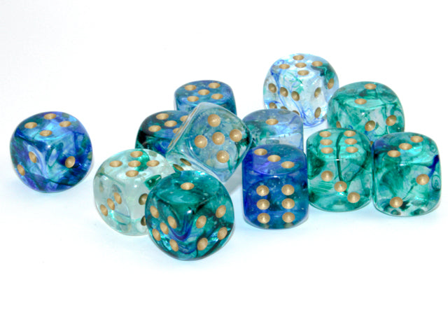 Nebula Oceanic/gold Luminary 16mm d6 Dice Block (12 dice)