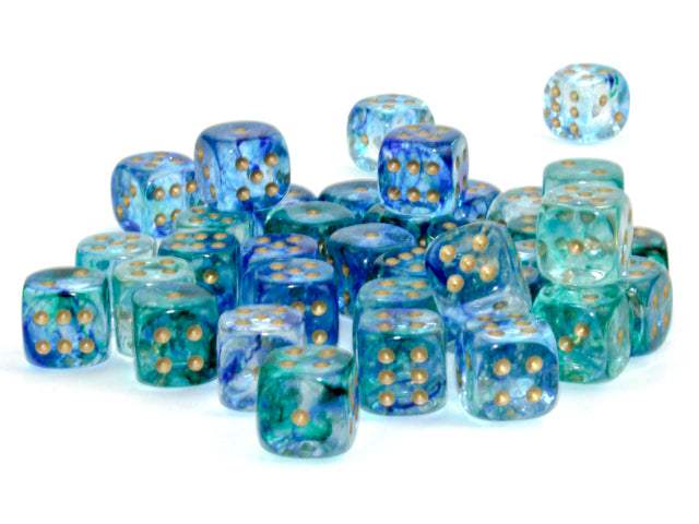 Nebula Oceanic/gold Luminary 12mm d6 Dice Block (36 dice)