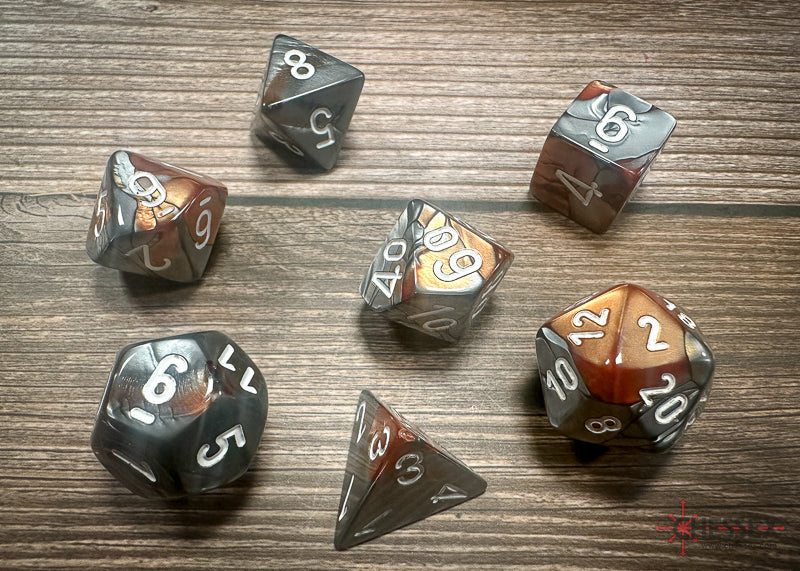 Gemini Copper-Steel/white Polyhedral 7-Dice Set