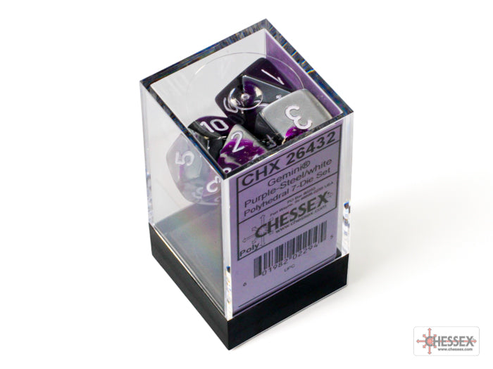 Gemini Purple-Steel/white Polyhedral 7-Dice Set