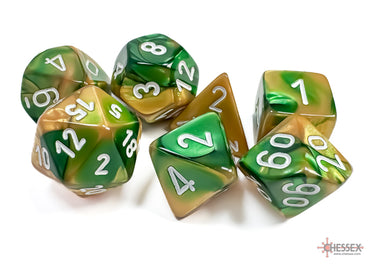 Gemini Gold-Green/white Polyhedral 7-Dice Set