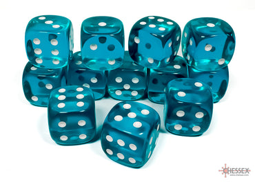 Translucent Teal/white 16mm d6 Dice Block (12 dice)