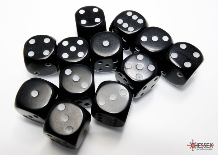 Opaque Black/white 16mm d6 Dice Block (12 dice)