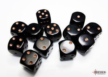 Opaque Black/gold 16mm d6 Dice Block (12 dice)