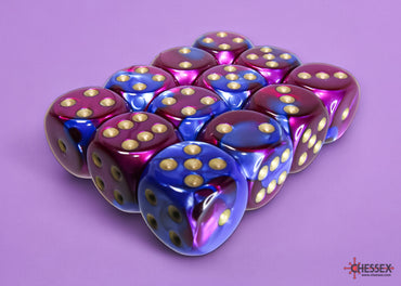 Gemini Blue-Purple/gold 16mm d6 Dice Block (12 dice)