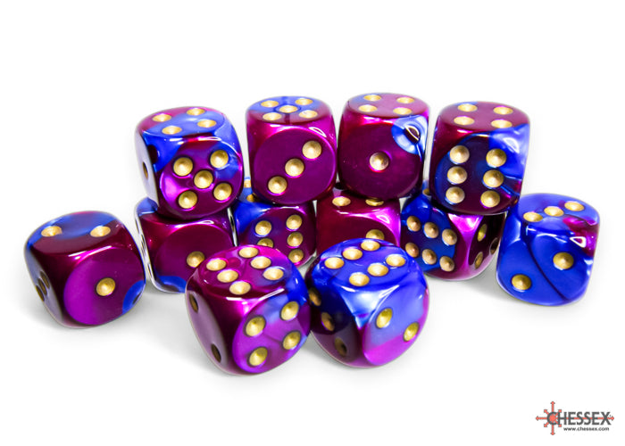 Gemini Blue-Purple/gold 16mm d6 Dice Block (12 dice)