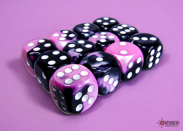 Gemini Black-Pink/white 16mm d6 Dice Block (12 dice)