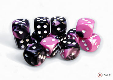 Gemini Black-Pink/white 16mm d6 Dice Block (12 dice)