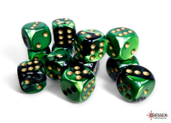 Gemini Black-Green/gold 16mm d6 Dice Block (12 dice)