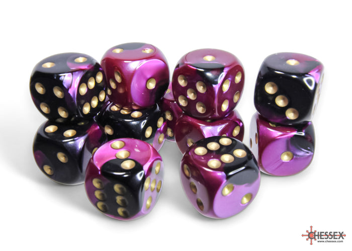 Gemini Black-Purple/gold 16mm d6 Dice Block (12 dice)