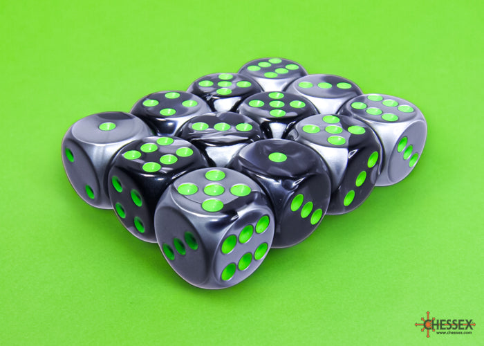 Gemini Black-Grey/green 16mm d6 Dice Block (12 dice)