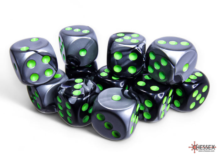 Gemini Black-Grey/green 16mm d6 Dice Block (12 dice)