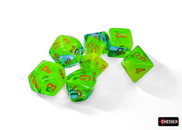 Gemini Plasma Green-Teal/orange Luminary Polyhedral 7-Dice Set